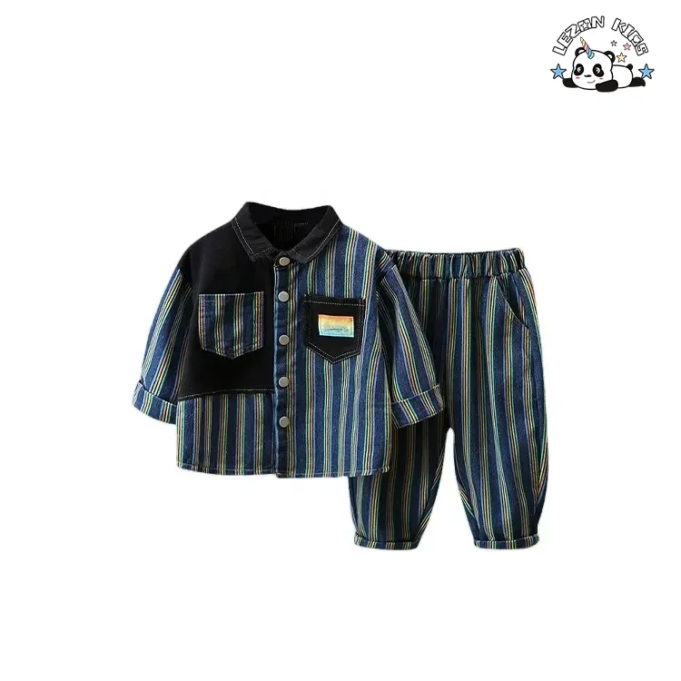 LEZONKIDS - New Autumn Denim Two-piece Clothing Set Kids Fashionable Striped Pant Set for Baby Boys
